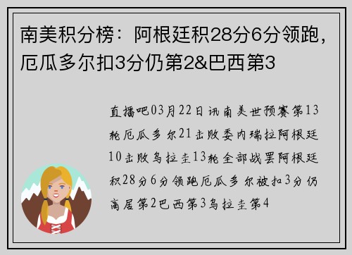 南美积分榜：阿根廷积28分6分领跑，厄瓜多尔扣3分仍第2&巴西第3