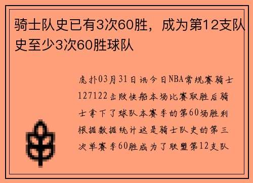 骑士队史已有3次60胜，成为第12支队史至少3次60胜球队