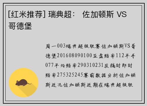 [红米推荐] 瑞典超： 佐加顿斯 VS 哥德堡