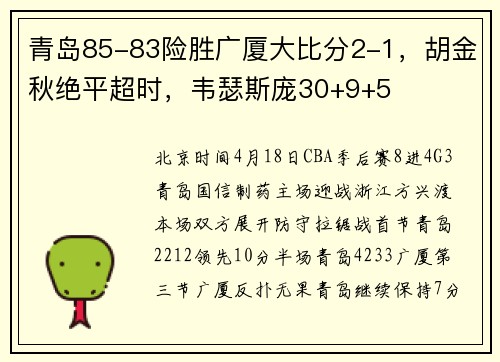 青岛85-83险胜广厦大比分2-1，胡金秋绝平超时，韦瑟斯庞30+9+5